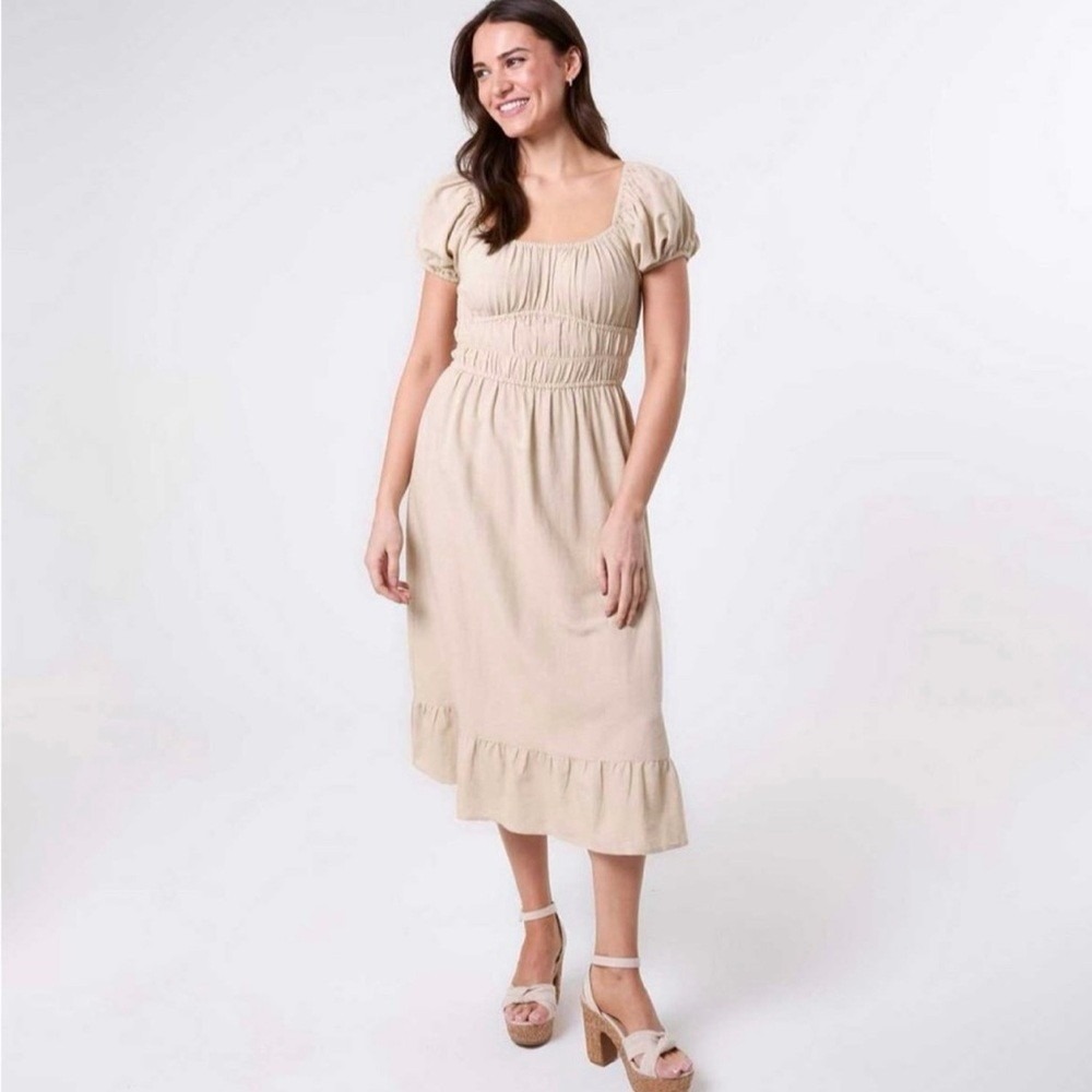 Women’s Cream Midi Dress with Smocked Waist